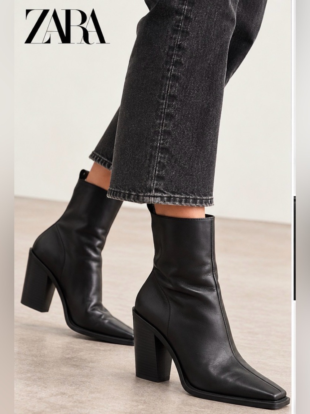 Zara Black Leather Block-Heel Square-Toe Ankle Boots